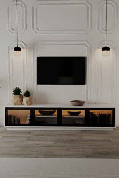Evdemo Frame 4 Kapaklı Raflı Ledli Tv Ünitesi Beyaz