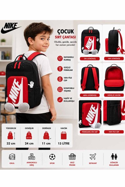Nike Children's Backpack 13 Liters Black Red School Bag Daily Use Kindergarte...