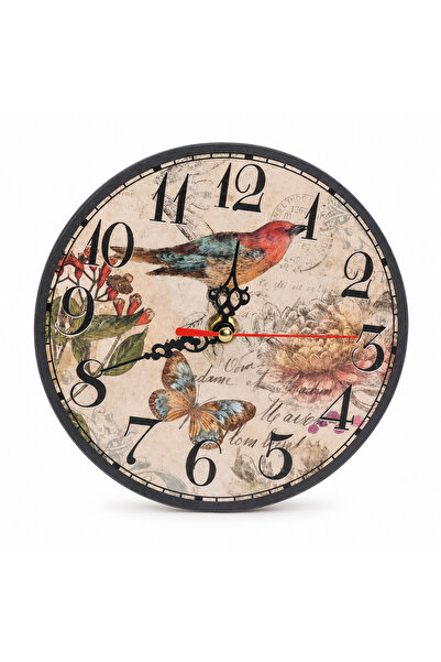 Tüterler Dekoratif Vintage Kuş Desenli Duvar Saati