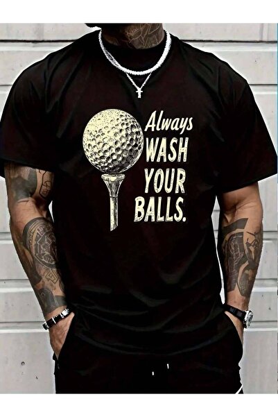 NOURAM تي شيرت رجالي أسود للعطلات من القطن 100% بطبعة 'Always Wash Your Balls...