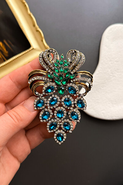 MADAM PEONY Kadın Eskitme Gold Renk Mavi ve Yeşil Damla Taşlı Gösterişli Vintage Broş Yaka İğnesi