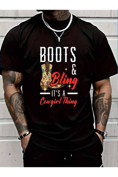 NOURAM تي شيرت رجالي أسود 100% قطن، بتصميم 'Bling It's A Cowgirl Thing'، مستو...
