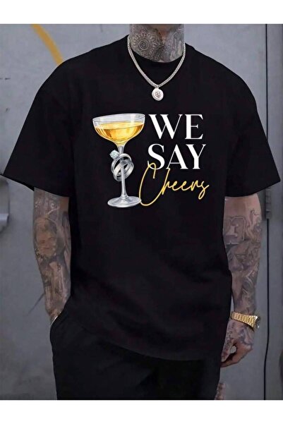 45 BPM تي شيرت رجالي أسود 100% قطن، بتصميم 'We Say Cheers Drinking' لمضيفات ا...