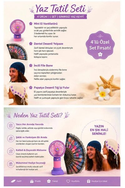 MAISON GLOWEN Yaz Tatil Seti 4 Parça Kadın Plaj Aksesuar Seti | Şarjlı Mini El Vantilatörü, 20-25 cm Büyük Boy Yelpaze, El Örmesi Bone ve Tığ İşi Fular