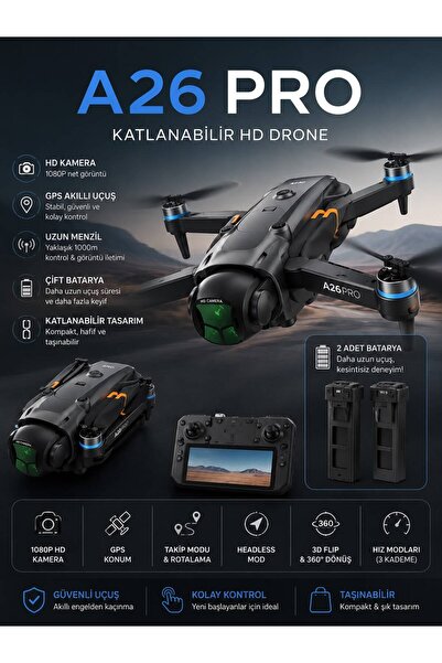 WUNİT A26 PRO (R26 MAX) Ekranlı Kumanda Drone HD Kamera Çift Batarya Aktif Tü...