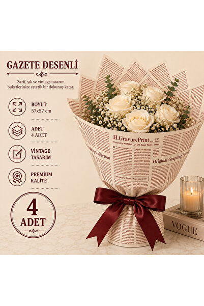 ÇINARASYADAHOME Krem Bordo İngilizce Gazete Desenli Buket Ambalaj Kağıdı 57x5...