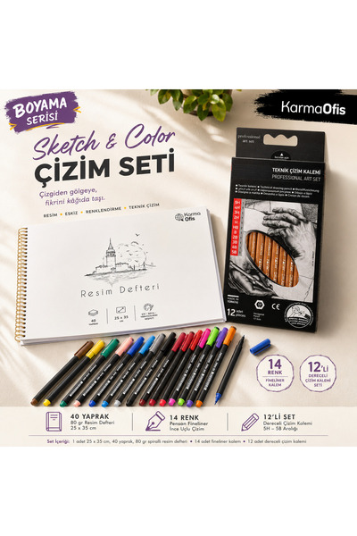 KarmaOfis مجموعة رسم وتلوين 25×35 سم، دفتر رسم 40 ورقة، 14 لونًا، قلم تحديد 0...