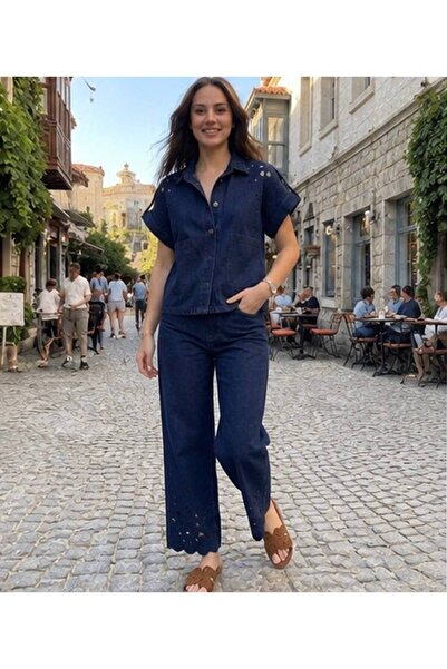 Nura Boutique Kadın Nakış Detaylı Denim Yelek Pantolon İkili Takım