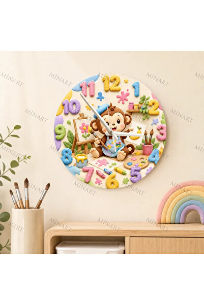 ensaat Little Monkey Artist Children's Room Wall Clock Silent Wooden Clock 34...