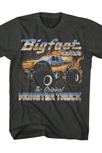 9JY تي شيرت Bigfoot Flame Truck Classics - تي شيرت رمادي صلب بأكمام قصيرة للب...
