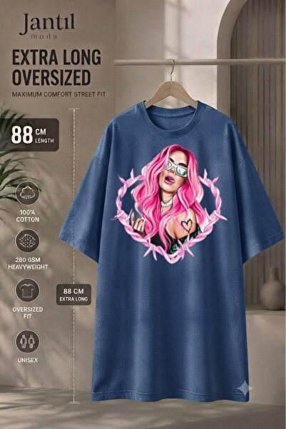 JANTIL MODA Crew Neck T-Shirt with Barbed Wire Heart and Pink-Haired Girl Fig...