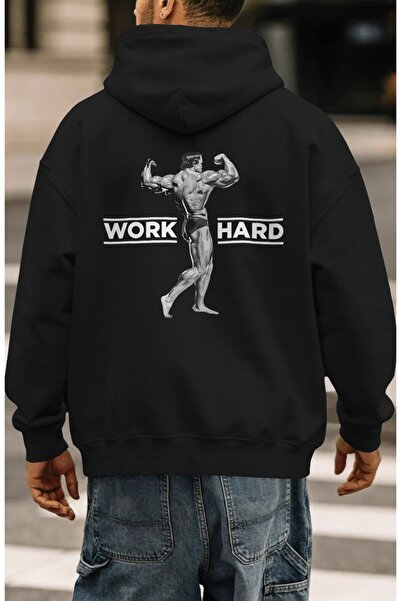 SEVBANO هودي قطني ممشط كبير الحجم للجنسين مطبوع عليه Work Hard Arnold Fitness...