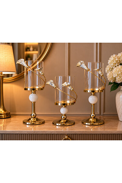 Hinora Metal Gold Ayaklı Zambak Model Şık Dekoratif Şamdan Seti 21-26-30cm