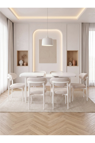 Concept Ayz Home Bella Serisi 6 Kişilik Krem Kumaş 80*130 Beyaz Açılır Masa S...