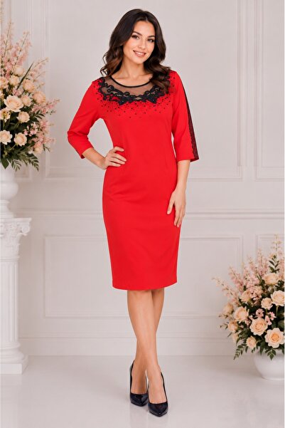 OEM Rochie de ocazie, rosie, cu insertii de margele si strasuri aplicate