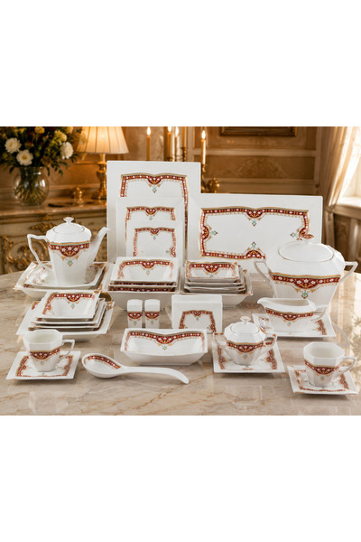 Dania 🏺   107Pcs Porcelain Dinner Set-Royal Square Design White Burgundy Gol...