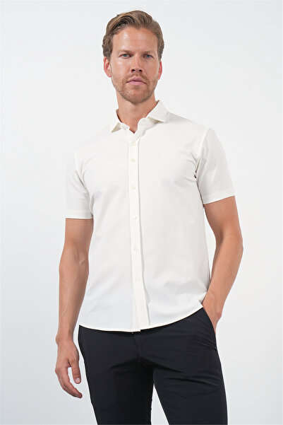 İmza White Italian Collar Short Sleeve Pocketless Slim Fit Flexible Shirt 100...