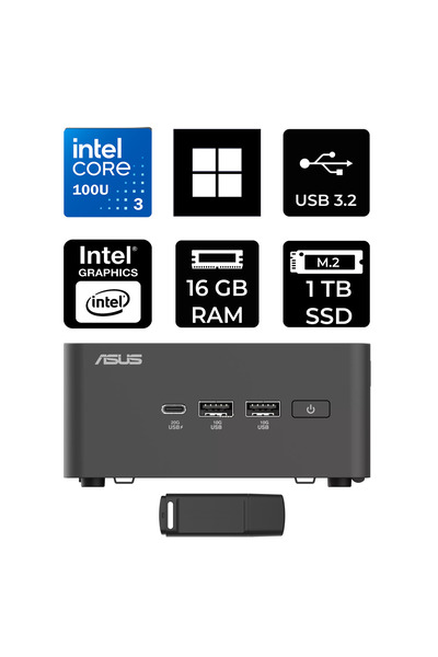 ASUS NUC 15 Pro Tall Intel Core 3-100U 16GB RAM 1TB SSD Win11 Home RNUC15CRHI300002P358 Mini Masaüstü Bilgisayar + PER4 USB BELLEK