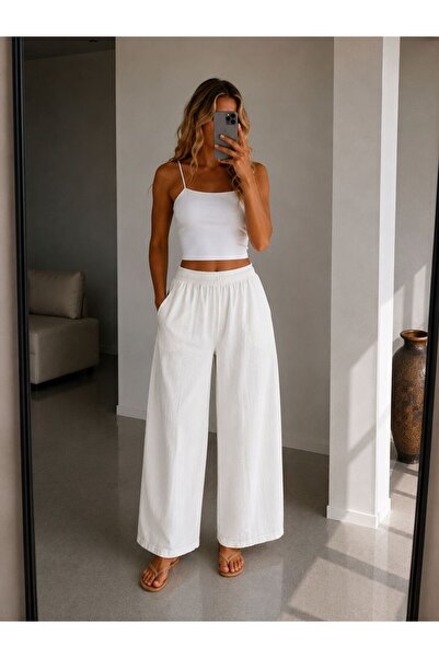 Rosita Jeans Kadın Beli Lastikli Bol Paça Gabardin Pantolon