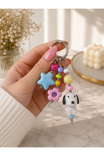 Viranes Cute Dog Figurine Keychain with Stars, Flowers, and Beads, Bag Orname...