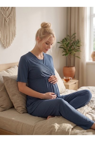 Lohusa Dünyasi Women's Navy Blue Double-Breasted Collar New Season 2-Piece Maternity Pajama Set with Breastfeeding Feature