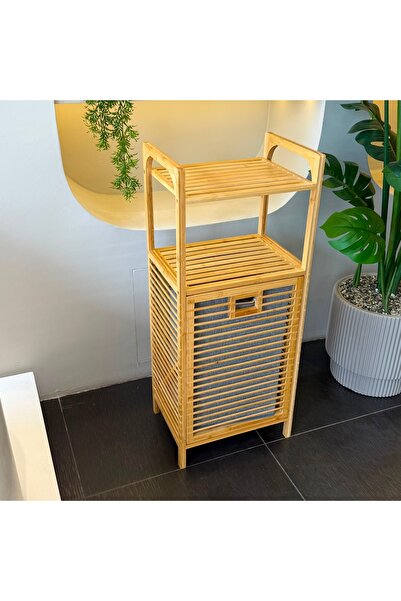 Genel Markalar AURENO Bambu Kirli Çamaşır Sepeti 2 Katlı Raflı Banyo Dolabı 95x40x30 cm