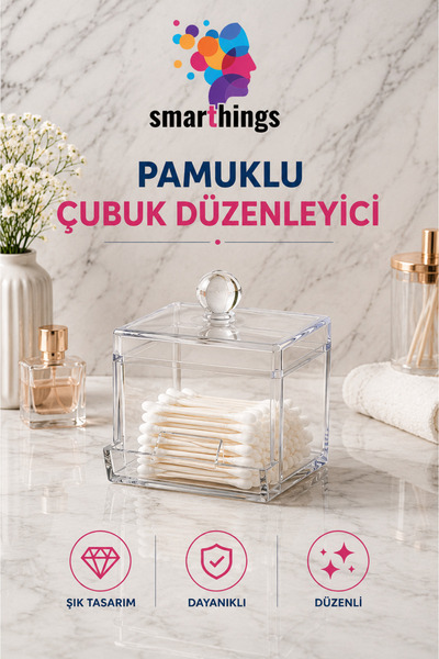 Şeffaf Akrilik Pamuklu Çubuk Organizeri Kapaklı Kulak Çubuğu Saklama Kutusu