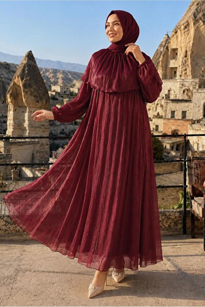 TRENDTESETTÜR KADIN BORDO PELERİN DETAYLI ŞİFON ABİYE ELBİSE T 9764