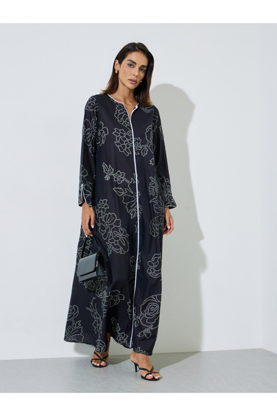 Amirah By Styli Black All Over Print Contrast Trim Maxi Jalabiya
