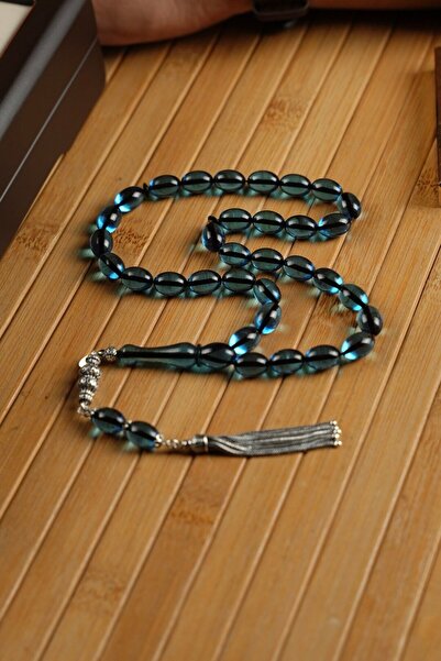 dergah tesbih Yakamoz series silver design white model blue fire-pressed amber rosary