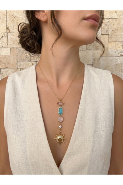 Pelin Aksesuar Turquoise and Pink Stone Sun Motif Dangle Steel Necklace