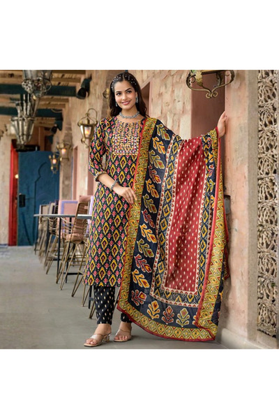 MYSMAR Yellow Women's Viscose Printed Kurta Pant And Dupatta Set - ALV1363-Si...
