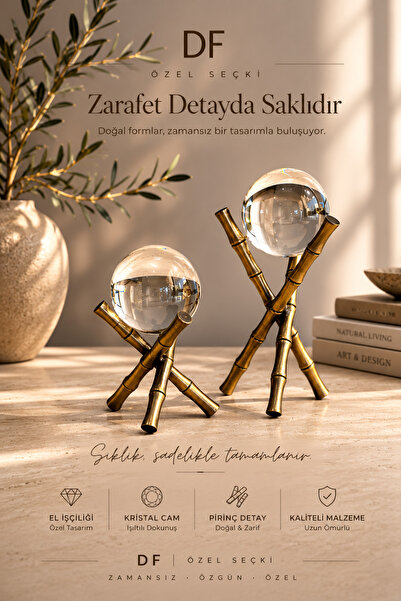 Doğa DF Özel Tasarım Kristal Cam Dekoratif Küre Seti – Pirinç Detaylı Masa Üs...