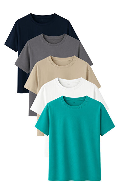 noetr Men's 5-Pack Cotton Basic T-Shirt Navy Blue Dark Gray Stone White Green