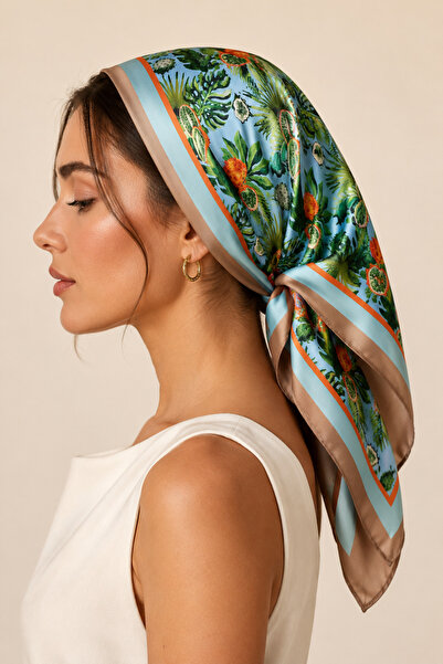 Sehlen Kadın Tropikal Yaprak Desenli Saten Fular Bandana 56x56 cm - Taş Turkuaz