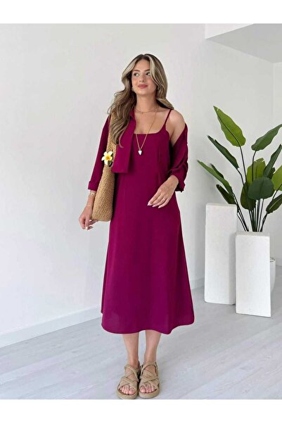 RüyamButik48 Kadın Askılı Midi Elbise Gömlek Detaylı İkili Takım Elbise