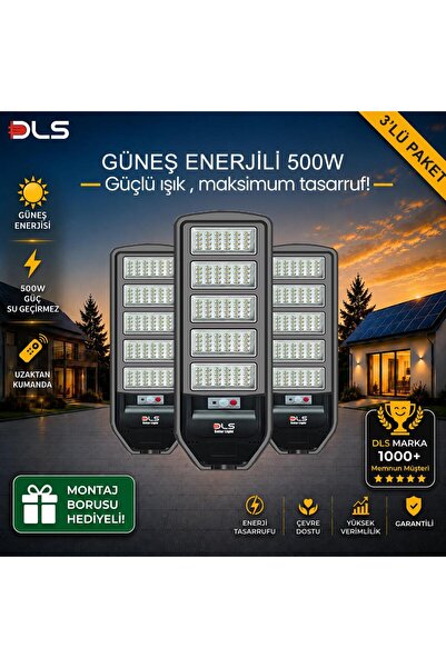 DLS 3'lü Paket 500W Güneş Enerjili Solar Sokak Lambası Hareket Sensörlü LED B...
