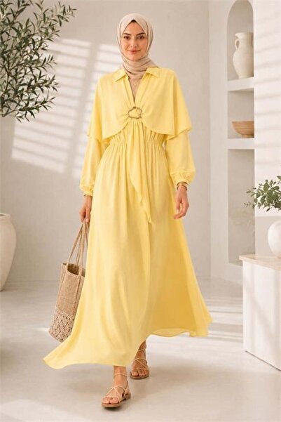 Dipmoda Women's Yellow Cape Detailed Shirt Collar Elastic Waist Hijab Dress D...