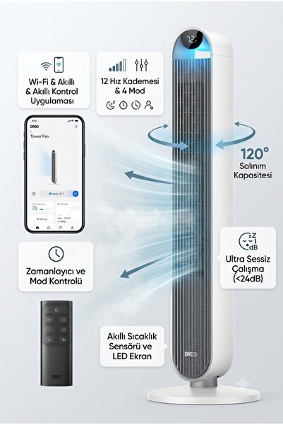 DREO Akıllı Kule Tipi Vantilatör 12 Hız Kademeli 120° Salınımlı Wi-Fi Kontrol...