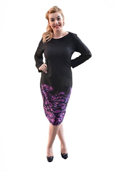 OEM Rochie de zi cu maneca lunga, nuanta de negru cu imprimeu mov