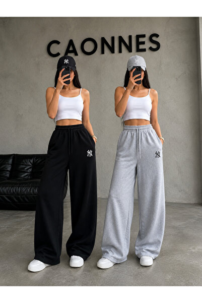 CAONNES 2-Piece Women's Ny Printed Sweatpants (Black-Grey) Oversize Baggy Loo...