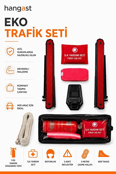 HANGAST Eko Trafik Seti 7 Parça - 1 Kg Yangın Söndürme Tüpü, 2 Reflektör, İlk Yardım Seti, Çekme Halatı, Boyunluk ve Takozlu Araç Güvenlik Seti