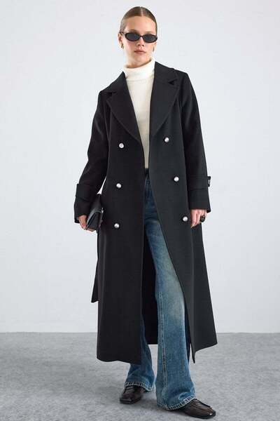 Olcay Metal Buttoned Double-Breasted Long Coat Black 3167