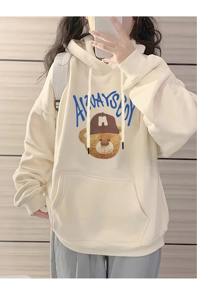 WESTİMO Women's Beige Always Boy Printed 3 Thread Hooded Hoodie Sweatshirt