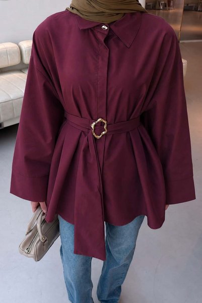 lamelif Buckle Detailed Long Belted Shirt Burgundy