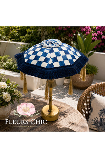 Fleurs Chic Lacivert Damalı Led Aydınlatmalı Bali Şemsiyesi
