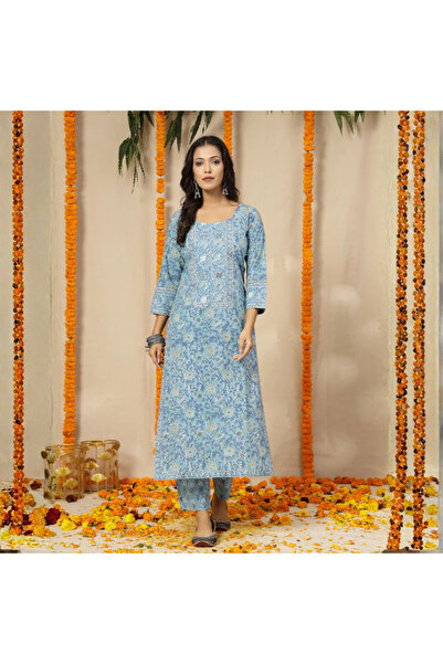 MYSMAR Blue Block Print Kurta Set With Printed Kota Dupatta - VRN1143 | Blue-...