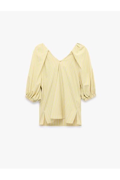 Koton 3/4 Balloon Sleeve V-Neck Striped Poplin Blouse