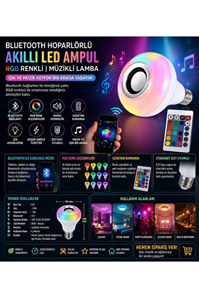 ALL FAST Bluetooth Hoparlörlü Akıllı LED Ampul RGB Renkli Müzikli Lamba | Kum...