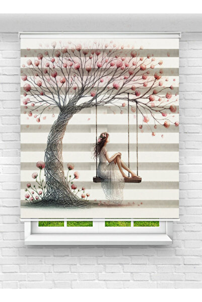 Hayat Ağacı Baskılı Zebra Perde | Salıncaklı Kız Desenli Dekoratif Zebra Stor Perde